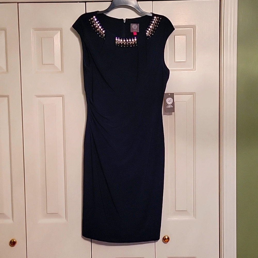 Vince Camuto navy dress with rhinestone beading